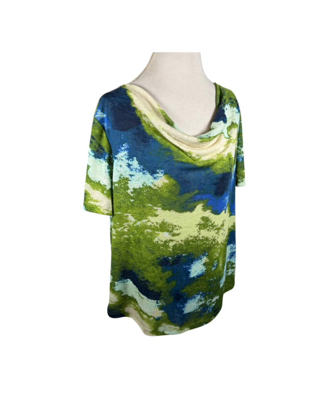 Chico's Watercolor Abstract Blouse Women's Size 3 = XL Green Blue Cowl Neck Top - Picture 4 of 8